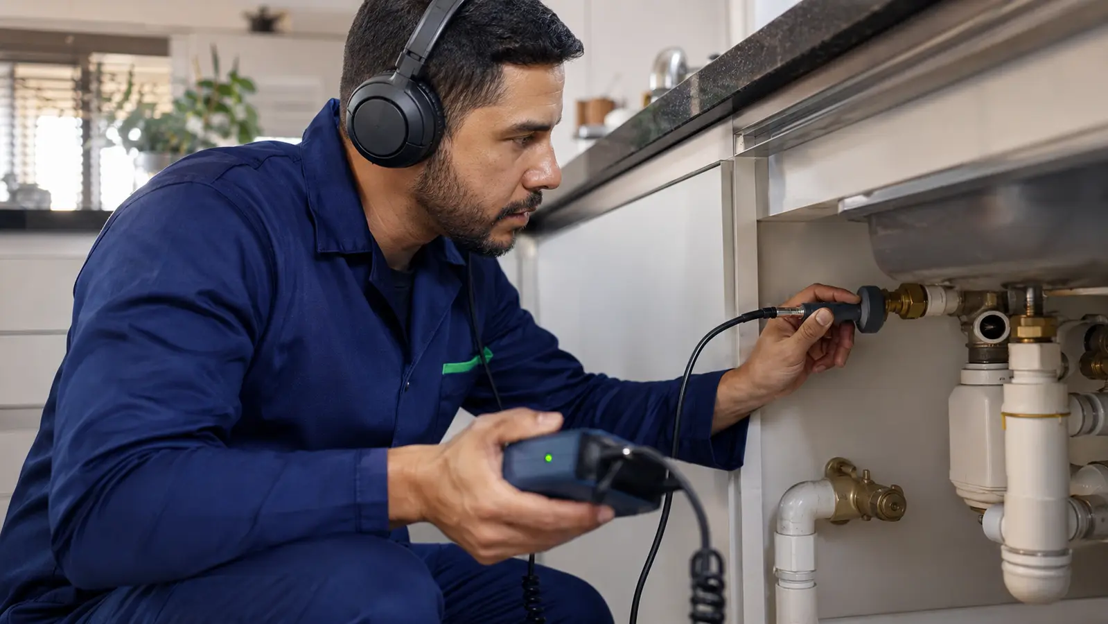 Técnico identificando vazamentos hidráulicos