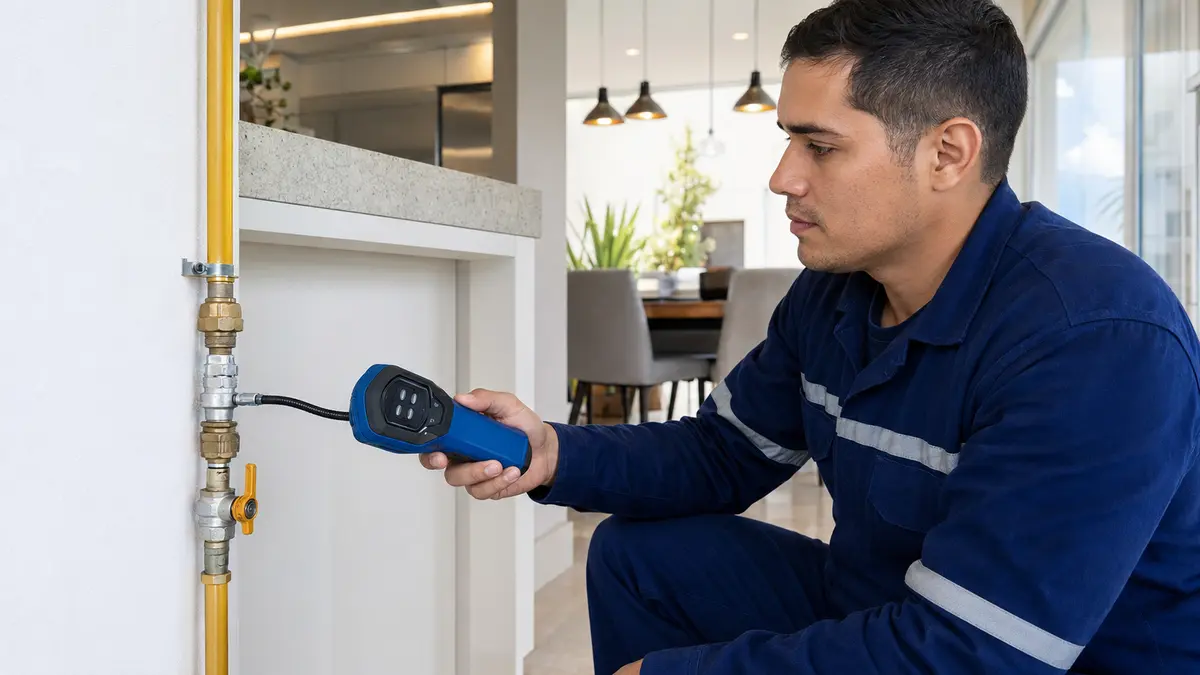 Técnico verificando vazamentos de gás